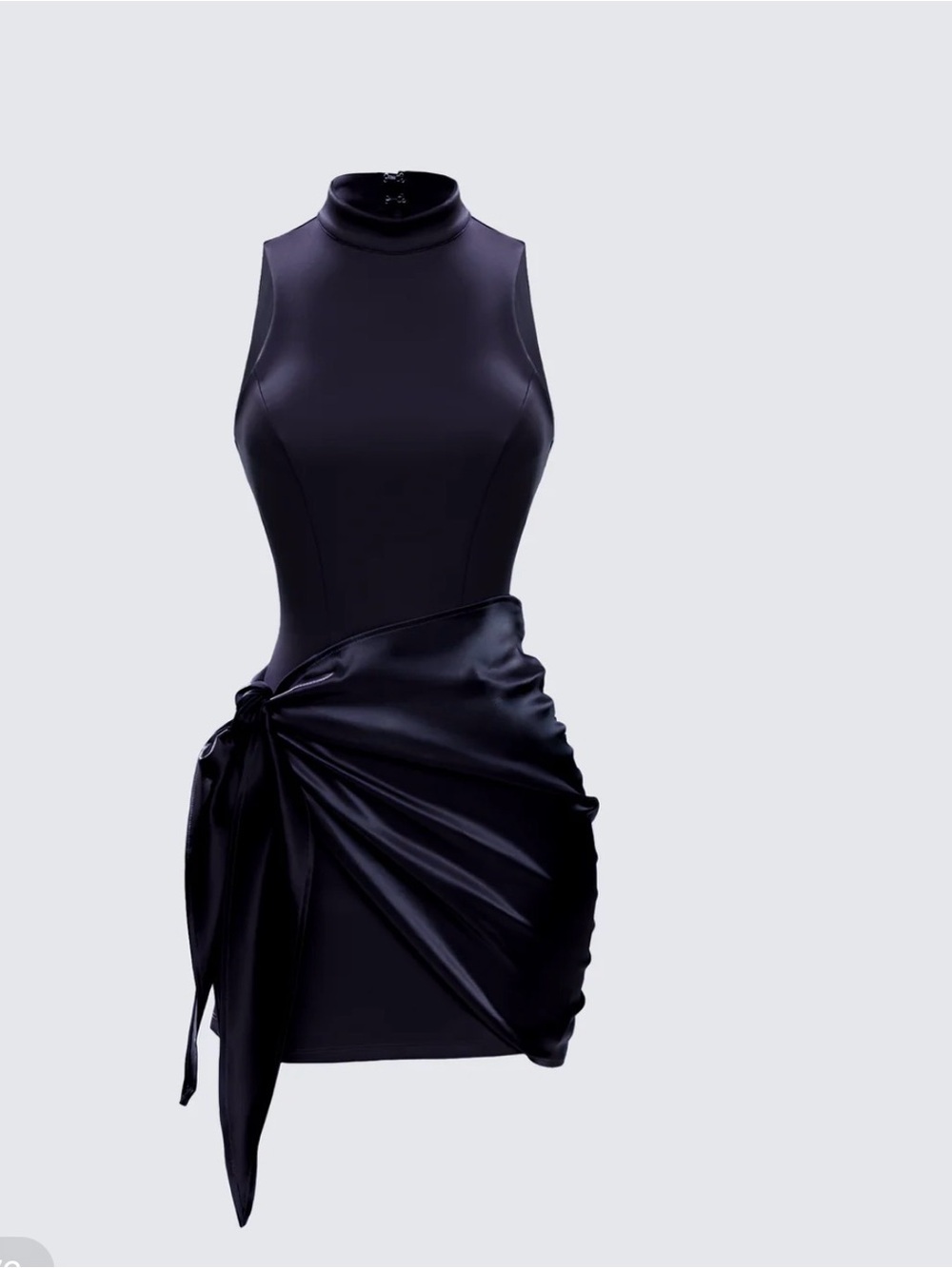 Finesse Black Sleeveless Mock-Neck Satin-Drape Mini Dress